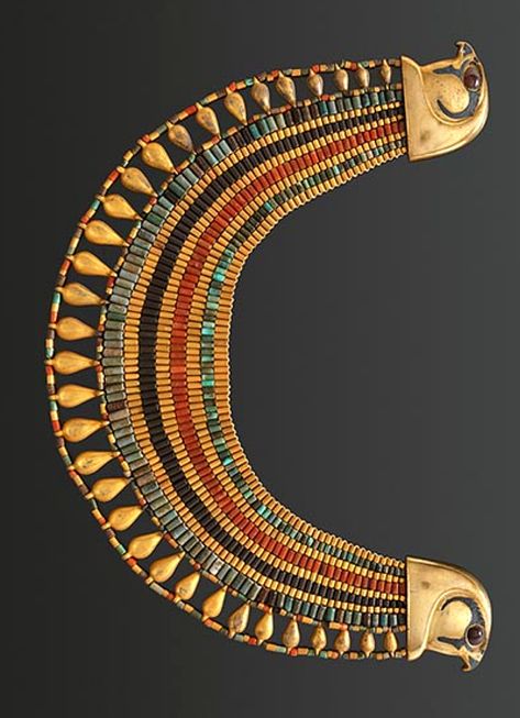 Faience, carnelian, turquoise and gold Egyptian broad collar necklace with falcon head terminals made around 1859 B.C. from ‘Jewelry: The Body Transformed’ Egyptian Jewelry Ancient, Ancient Egyptian Clothing, Ancient Egypt Jewelry, Egyptian Collar, Ancient Egypt Projects, Egyptian Inspired Jewelry, Egyptian Furniture, Egyptian Accessories, Ancient Egyptian Deities