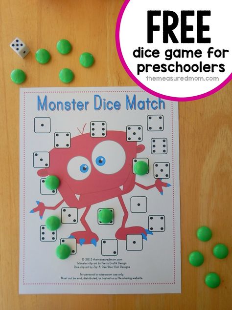 Looking for a preschool math game? We love this monster dice game. Get four free game boards! Monster Dice Game, Games Preschool, Halloween Math Worksheets, Monster Activities, Preschool Math Games, Kindergarten Math Games, Halloween Worksheets, Prek Math, Kindergarten Games