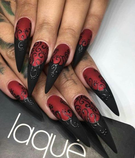 Black and red Red Black Nails, Gothic Nail Art, Dark Red Nails, Summer Acrylic, Gothic Nails, Goth Nails, Red Nail Designs, Black Nail Designs, Red Nail