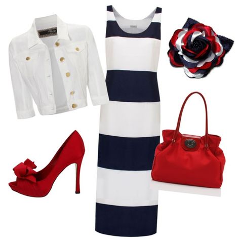 "red white and blue!" by kelsi-jai on Polyvore Red High Heel Shoes, Pentecostal Fashion, Clothes Board, Church Clothes, Maxi Dress White, Apostolic Fashion, White Jean Jacket, Red High, Closet Fashion