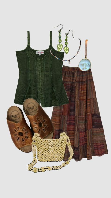 Whimsigoth hippie skirt patchwork moon sandals earthy leafs Boho Aesthetic Outfit, Granola Outfits, Skirt Patchwork, Hippie Grunge, Hippie Skirt, 2000s Outfit, Hippie Skirts, Earthy Outfits, Outfit Layout