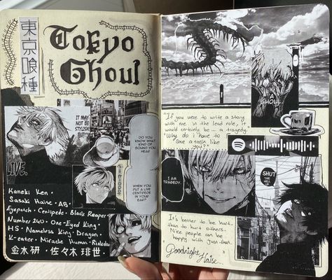 anime journal tokyo ghoul manga page Manga Journal Ideas, Anime Journal Ideas First Page, Journaling First Page, Anime Journal Spread Ideas, Sketchbook First Page Ideas, Journal First Page, Anime Journal Ideas, Manga Journal, Album Journal