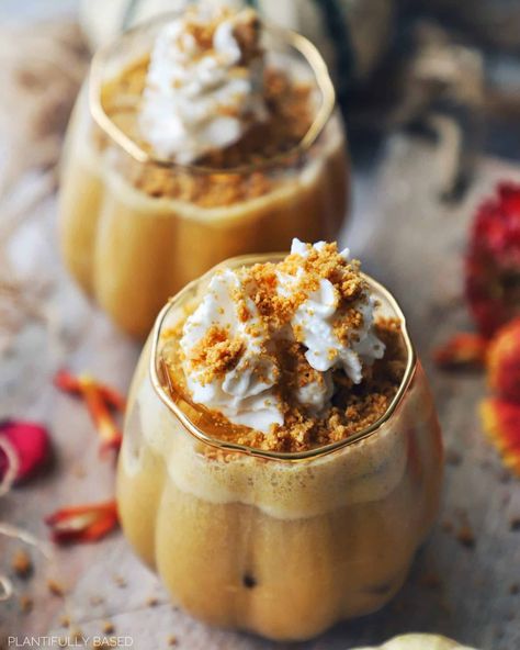 Vegan Pumpkin Pie Mocktail - Plantifully Based Pumpkin Pie Drink, Dr Post, Alcohol Free Wine, Herbal Coffee, Vegan Whipped Cream, Vegan Pumpkin Pie, Easy Drink Recipes, Fancy Drinks, Easy Drinks