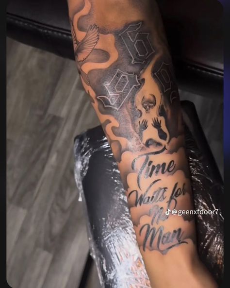 Forearm Star Tattoo Men, Patience Is Key Tattoo, King Cid Tattoo, Lifes A Gamble Tattoo Forearm, Time Waits For No Man Tattoo, Under Forearm Tattoo For Men, Out Of Sight Out Of Mind Tattoo, Time Waits For No One Tattoo, Black Men Sleeve Tattoo Ideas