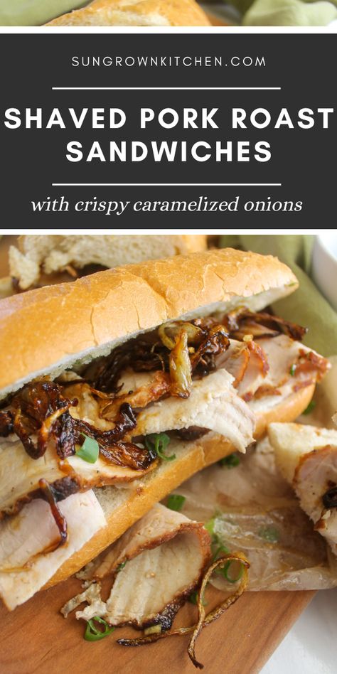 Shaved pork roast with crispy caramelized onions on a hoagie bun. Pork Salad Sandwich, Sliced Pork Sandwich Recipes, Pork Loin Sliders Sandwiches, Leftover Pork Loin Sandwich Recipes, Pork Roast Sliders, Shaved Pork Sandwiches, Shaved Pork Recipes, Pork Loin Sandwich Recipes, Pork Chop Sandwich Recipes