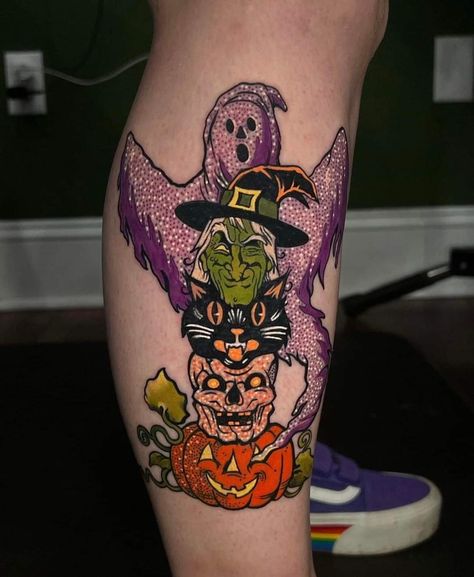 90s Halloween Tattoo, Spooky Forearm Tattoo, Pumpkin Head Tattoo, Vintage Halloween Tattoos, Fall Tattoo Ideas, Trad Sleeve, Traditional Tattoo Leg Sleeve, Fall Tattoos, Fall Tattoo