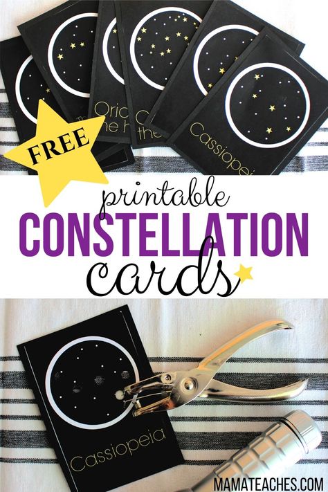 Constellations for Kids: Printable Constellation Cards - Mama Teaches Astronomy Projects For Kids, Constellation Crafts Preschool, Types Of Stars, Astronomy Crafts For Kids, Constellations Craft, Constellation Party Theme, Star Craft Preschool, Mae Among The Stars Activities, Marshmallow Constellations