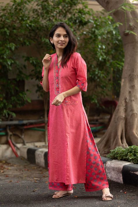 Striped Kurta, Block Printed Kurta, Churidar Neck Designs, Kurta Pant Set, A Line Kurta, Kurtis With Pants, Amaranth, Kurta With Pants, Kurta Designs