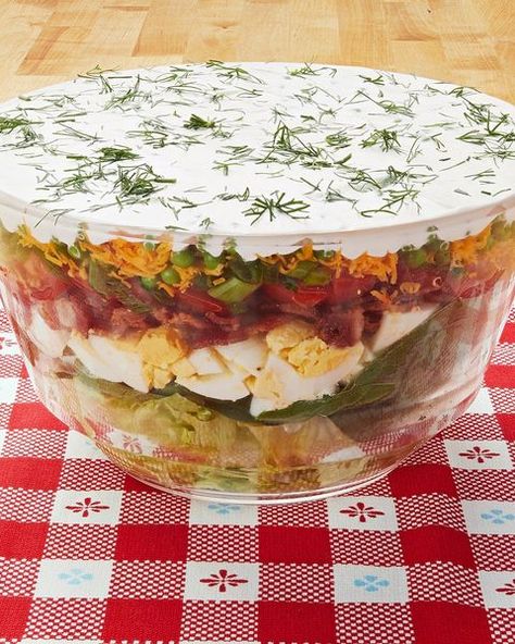 best pioneer woman salad recipes layered salad 7 Layer Salad With Ranch Dressing, 7 Layer Salad Mexican, Trifle Salad Recipes, Salads Spinach, 7 Layer Salad, Layer Salad, Seven Layer Salad, Layered Salad Recipes, Church Picnic