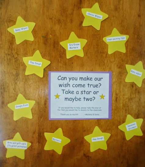 Can you make our wish come true? Take a star or maybe two? Cute way to ask for classroom donations. Daycare Donation Ideas, Open House Donation Ideas, Classroom Wish List Ideas Open House, Preschool Wish List For Parents, Classroom Donation Ideas Wish List, Donation Board Ideas, Make A Wish Fundraiser Ideas, Classroom Wishlist For Parents, Classroom Wish List Ideas