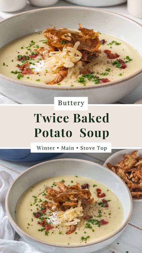 Twice Baked Potato Soup Baled Potato Soup, Twice Baked Potato Soup, Potato Chowder Soup, Leftover Baked Potatoes, The Original Dish, Twice Baked Potato, Crunchy Potatoes, Potato Chowder, Chowder Soup