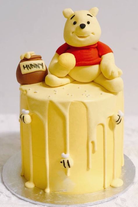 Yellow Drip Winnie The Pooh Cake Winnie The Pooh Figurines, Pooh Cake, Winnie The Pooh Cake, Character Cakes, Yellow Cake, Cool Birthday Cakes, Baby Shower Planning, Cake Designs Birthday, Drip Cakes