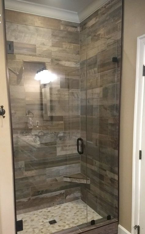 Cabin Bathroom Shower Ideas, Woodlook Tiles Bathroom, Shower Stall Tile Ideas, Modern Walk In Shower Ideas, Farmhouse Walk In Shower Ideas, Wood Tile Shower Ideas, Mobile Home Shower Remodel, Upstairs Ideas, Wood Tile Shower