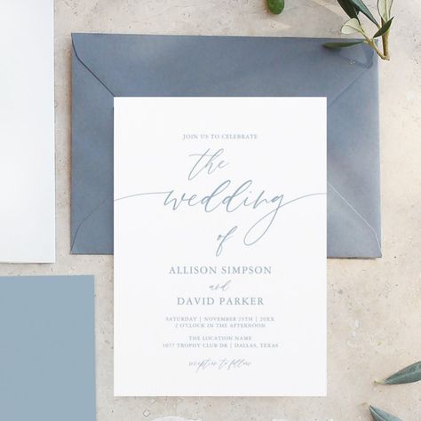 Dusty Blue Elegant Simple Wedding Invitations  Zazzle Dusty Blue And Sage Wedding, Blue And Sage Wedding, Sage Wedding Decor, Modern Simple Wedding Invitations, Dusty Blue Wedding Theme, Engagement Party Napkins, Gatlinburg Wedding, Elegant Simple Wedding, Romantic Intimate Wedding