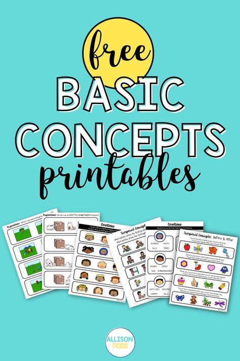 Understanding basic concepts is an essential foundation of speech and language development. Use these FREE printable speech therapy worksheets to teach basic concepts in a fun way! Speech Cards Free Printable, Ablls Activities Free Printables, Speech Therapy Flashcards Free Printable, End Of The Year Speech Therapy Activity, Concept Activities Preschool, Aac Activities Speech Therapy Free, Speech Therapy Freebies, Speech Therapy Worksheets Free Printable, Aba Therapy Activities Printables Free