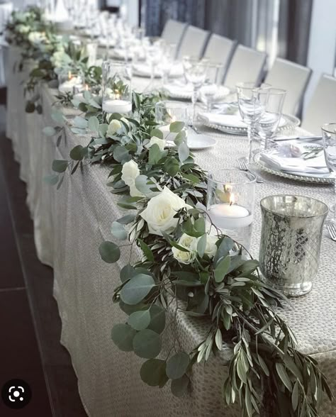 Wedding Long Table Flowers, Head Table Garland, Head Table Wedding Flowers, April Weddings, Head Table Wedding Decorations, Fire Flies, Wedding Top Table, Floating Candles Wedding, Table Wedding Decorations