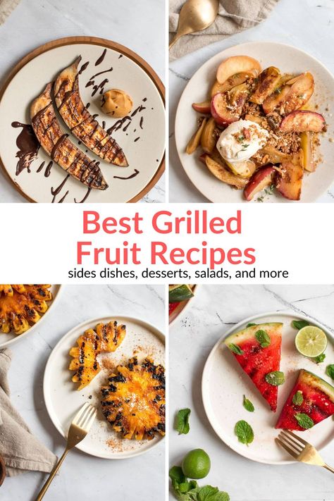 Learn how to make delicious grilled fruit including ideas for fruit skewers, watermelon, pineapple, peaches, bananas, apples, and more. Desserts, side dishes, salads, main courses, and salsa. Grilled Fruit Salad, Grilled Fruit Skewers, Side Dishes Salads, Grilled Fruit Dessert, Peaches Grilled, Grilled Nectarines, Grilled Fruit Recipes, Peach Pork Chops, Grilled Bananas