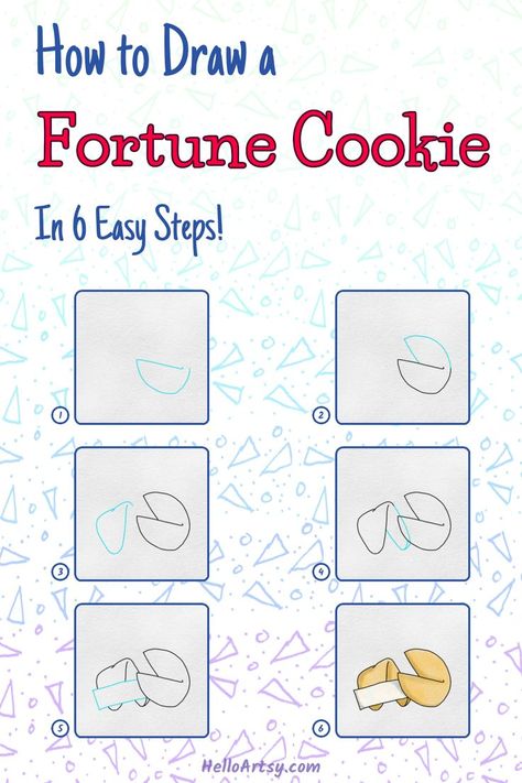 Step by step images demonstrating a how to draw a fortune cookie - A Drawing Tutorial for Kids! Easy Fortune Cookies, Cookie Drawing, Drawing Lesson, Easy Lessons, Drawing Guide, Cute Canvas Paintings, Cute Canvas, Fortune Cookie, Step Drawing