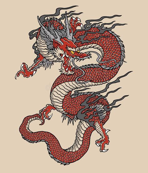 Japanese Red Dragon Tattoo Illustration. Full color vector art. stock illustration Dragon Tattoo Drawing, Asian Dragon Tattoo, Red Dragon Tattoo, Dragon Rouge, Japanese Dragon Tattoo, Japanese Dragon Tattoos, Asian Tattoos, Dragon Illustration, Dragon Tattoo Designs