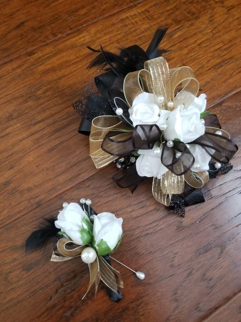 Green And Gold Corsage, Corsage Prom Black, Corsage Prom Black And Gold, Black And Gold Wrist Corsage, Black And Gold Corsage, Black And Gold Prom, Black And Silver Corsage And Boutonniere, Mailbox Bows, Black Corsage