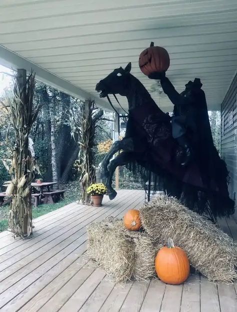 50+ Easy Diy Halloween Front Porch Decorations - HubPages Headless Horseman Outdoor Decoration, Halloween Headless Horseman, Halloween Decorations Outdoor Werewolf, Spooky Outdoor Decor, Salem Outdoor Halloween Decor, Headless Horseman Halloween Decorations, Headless Horseman Yard Decoration, Headless Horseman Decoration, Headless Horseman Scarecrow