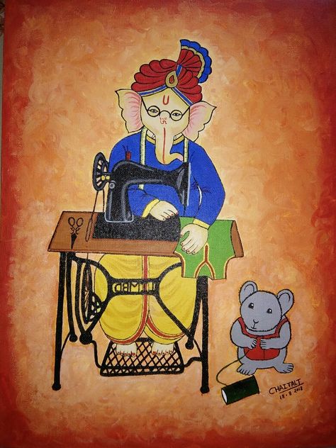 Ganpati bappa as tailor. Ganpati Bappa Fabric Painting, Fabric Painting On Clothes, Ganpati Bappa, Book Drawing, Painted Clothes, Aari Work, Fabric Paint, Fabric Painting, Drawings