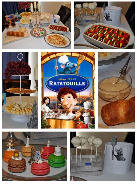 Disney Dinner and a Movie Night ~  Ratatouille Party. We had Remy's ratatouille, Gusteau's Cheese spread, Skinner's grapes, Emile's cheese and crackers, Colette's French bread and Linguini's linguine. To drink we had Anton Ego's wine (grape juice) and for dessert, a chef's hat cake pop. For a snack during the movie we had a French mini macaroon with a Ratatouille character on top. Ratatouille Movie Night, Ratatouille Birthday Party, Disney Dinner And Movie Night, Ratatouille Birthday, Ratatouille Party, Disney Dinner And A Movie, Ratatouille Movie, Disney Themed Movie Night, Disney Movie Night Food