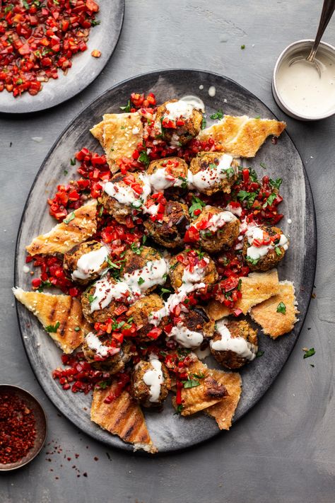 Vegan meatball platter - Lazy Cat Kitchen Meatball Platter, Eggplant Meatballs, Lazy Cat Kitchen, Cat Kitchen, Vegan Meatballs, Tomato Relish, Baked Eggplant, Lazy Cat, Meat Free