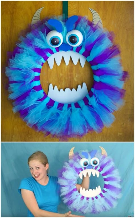 18. Cute Fluffy Monster Wreath Wreath With Tulle, Make A Halloween Wreath, Halloween Tulle Wreath, Monsters Inc Party, Monster Door, Tulle Wreaths, Disney Wreath, Monster Wreath, Monster Decorations