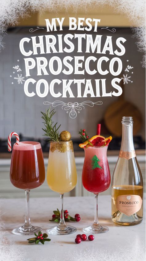 This image showcases an elegant set of **Christmas Prosecco Cocktails**, featuring a candy cane-adorned glass, a rosemary and gold garnish, a holiday-themed cranberry drink with a glittery tree, and a bottle of Prosecco. A festive and stylish display for holiday celebrations! Christmas Prosecco, Christmas Mimosas, Prosecco Punch, Prosecco Cocktail Recipes, Christmas Eve Day, Sparkling Cocktails, Prosecco Bar, Mimosa Recipe, Holiday Bar