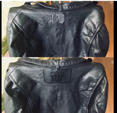 Faux Leather Jacket Repair Diy, Repair Leather Jacket, Patch Leather Jacket, Leather Jacket Upcycle, Leather Jacket Repair, Diy Leather Jacket, Leather Jacket Patches, Jacket Dresses, Diy Fashion Projects