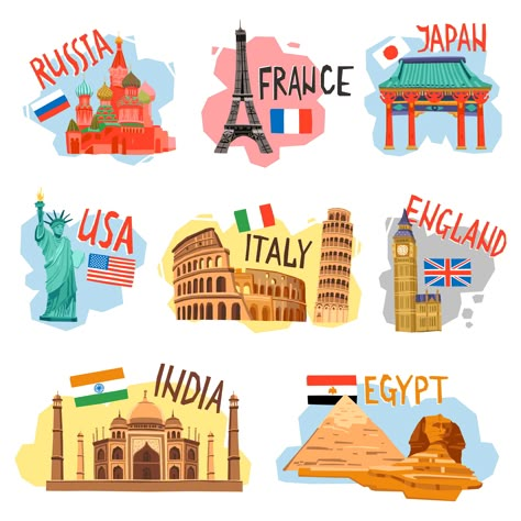 Around The World Theme, Travel Flats, Travel Clipart, World Party, Travel Stickers, Tour Posters, Famous Landmarks, Travel Themes, Vacation Travel