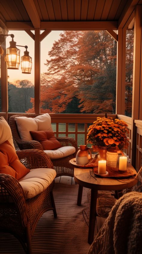 Fall Balcony, Cozy Fall Porch, Decor With Candles, Autumn Porch Decor, Mini Fire Pit, Balcony Decorating Ideas, Autumn Porch, Fall Porch Decor, Terrace Decor