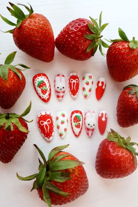 Adorable Strawberries and cream themed nails with the cutest white rabbit out there! It's like a cute little picnic theme as well! These nails you will love! All characters on this set are all handmade in 3D. And all hand painted by me. Treat yourself to these cute press on nails! Display nails are in Medium Almond. *Note: Will Not be able to have extra short length nails for this kind of design* Hi and Welcome everyone! I hope you enjoy taking a look at all our nail designs. I sell LUXURY press Nails Design Strawberry, White Rabbit Nails, Hot Dog Nails, Press On Nails Display, Short Length Nails, Strawberry Shortcake Nails, Picnic Nails, Cute Press On Nails, Strawberry Nails