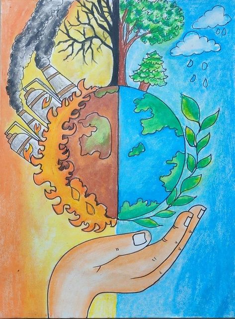 Bio Diversity Drawing, Existing Community Drawing, Environmental Art Sketch, Climate Poster Ideas, Earth Half Good Half Bad Drawing, Climate Action Drawing, Globalisasyon Poster Drawing, Climate Changing Poster Drawing, Earth On Fire Drawing