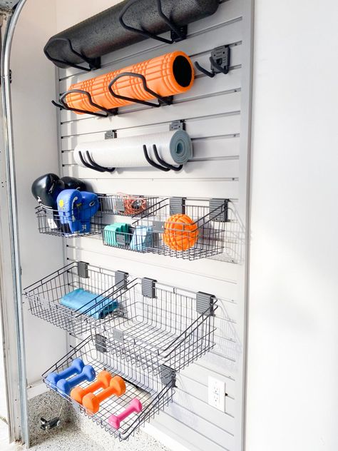 13 Clever Garage Organization Ideas | Real Simple Gym Organization Ideas, Sports Equipment Organization, Home Gym Organization, Gym Organizer, Garage Storage Inspiration, Garage Organization Ideas, Garage Organisation, Car Barn, Garage Organize