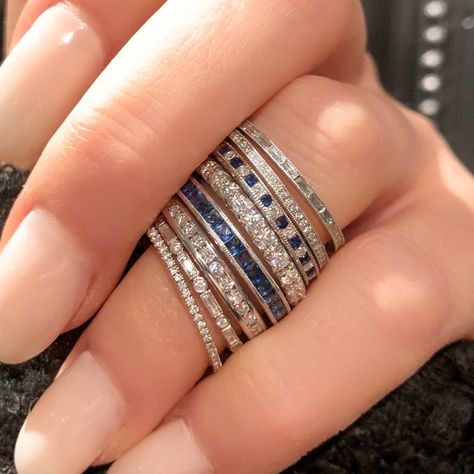 Sapphire and Diamond Wedding Bands/Stacking Bands/Delicate Eternity Rings Wedding Band Stack Ideas Sapphire, Sapphire And Diamond Ring Eternity Bands, Sapphire And Diamond Stacking Rings, Sapphire Infinity Band, Diamond And Sapphire Ring Stack, Ring Stack Inspiration, Art Deco Wedding Bands For Women, Sapphire Stacking Rings, Sapphire Ring Stack