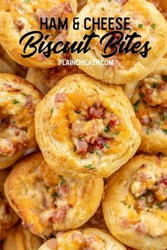 Ham & Cheese Biscuit Bites Ham Appetizers For Party, Biscuit Bites, Brunch Party Recipes, Cheese Biscuit, Brunch Appetizers, Homemade Ham, Appetizer Sandwiches, Canned Biscuits, Cheese Biscuits