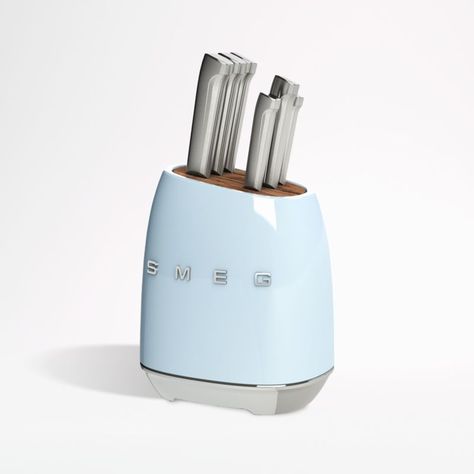 Smeg Pastel Blue 7-Piece Knife Block Set Pink And Blue Kitchen Accessories, Smeg Appliances Blue, Pastel Blue Kitchen Accessories, Smeg Knife Block, Light Blue Kitchen Accessories, Blue Smeg Appliances, Pastel Kitchen Appliances, Smeg Appliances In Kitchen, Cute Kitchen Appliances