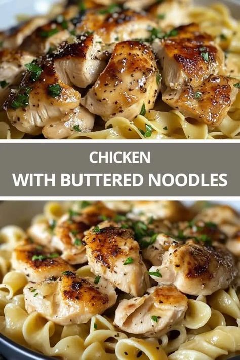 Recipes Using Egg Noodles Dinners, Garlic Butter Noodles With Chicken, Buttery Chicken Pasta, What To Make With Breaded Chicken, Chicken Buttered Noodles, Chicken And Buttered Noodles Recipe, Skillet Chicken And Noodles, Homemade Chicken Noodle Casserole, Chicken Casserole With Noodles Easy Recipes