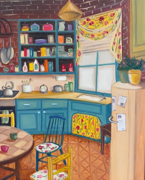 Cute Watercolor Paintings, Friends Kitchen, Kitchen Scene, Artsy Crafts, Kitchen Painting, Kitchen Retro, Painting Board, Home Artwork, Painted Kitchen