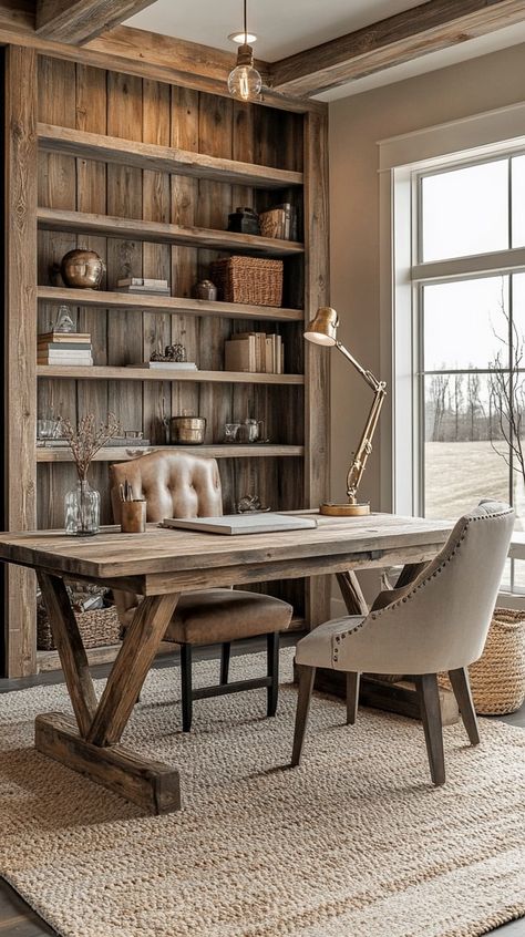 Elevate Your Study Room Inspiring Decor Ideas for Every Style - Remodr Natural Office Design Inspiration, Rustic Farmhouse Office Ideas, Country Home Office Ideas, Farmhouse Study Room, Barn Office Ideas, Cool Home Office Ideas For Men, Natural Office Design, Study Room Designs, Stylish Office Desks