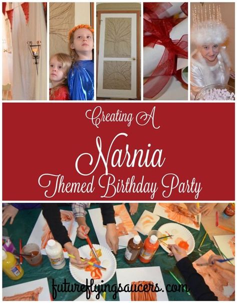 A Narnia Themed birthday party! Including ideas for invitations, a wardrobe, lamppost, Aslan's How, painting activity, food, and The White Witch! ~ futureflyinbgsaucers.com Narnia Play, Narnia Birthday Party, Narnia Birthday, Birthday Extravaganza, The White Witch, Bible Object Lessons, Flying Saucers, Book Theme, Homeschool Board