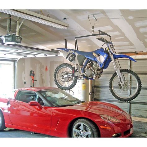 Corvette underneath a motocross bike on the hoist a bike. Hoist-a-Bike Dirt Bike Garage, Bike Garage Storage, Garage Hoist, Bike Stands, Dirt Bike Quotes, Bike Garage, Bike Storage Garage, Motorcycle Storage, Garage Lift