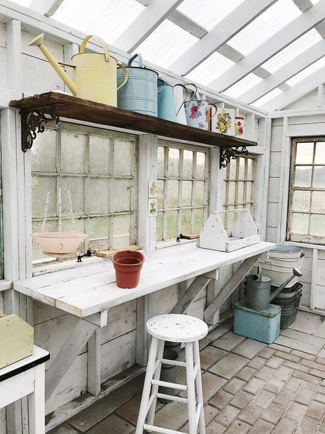 Building our Potting Shed (Part 2) – The Hydrangea Farmhouse Grow Shed Ideas, Garage Potting Shed, Potting Shelf Ideas, Garden Shed Exterior Decor, Outdoor Garden Shed Ideas, Shelves In Greenhouse, Greenhouse Potting Bench, She Shed Window Ideas, Potting Shed Decor