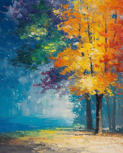 Acrylic Tree Painting, Nature Paintings Acrylic, Abstract Tree Painting, Gold Art Painting, Fall Landscape Photography, Colorful Tree, Abstract Painting Techniques, Flower Painting Canvas, Landscape Paintings Acrylic