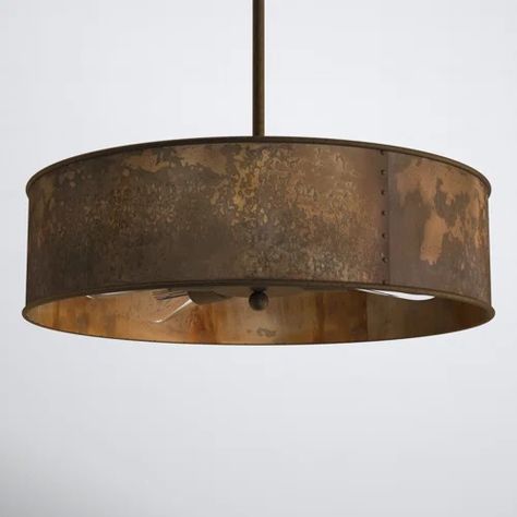 Laurel Foundry Modern Farmhouse Ryne 4 - Light Unique Drum Chandelier | Wayfair Metal Drum Pendant Light, Metal Drum, Closet Lighting, Wagon Wheel Chandelier, Kichler Lighting, Geometric Chandelier, Copper Lighting, Lighting Options, Austin Design