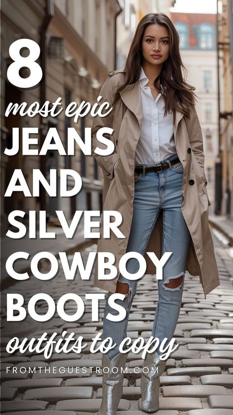 a woman wears jeans and silver cowboy boots, western outfits Cowboy Boots And Jeans Outfit, Jeans And Cowboy Boots Outfit, Black Cowgirl Boots Outfit, Cowboy Boots Outfit Fall, Cowboy Boots Outfit Winter, Outfits Cowboy Boots, Brown Cowboy Boots Outfit, White Cowboy Boots Outfit, Short Cowboy Boots Outfit