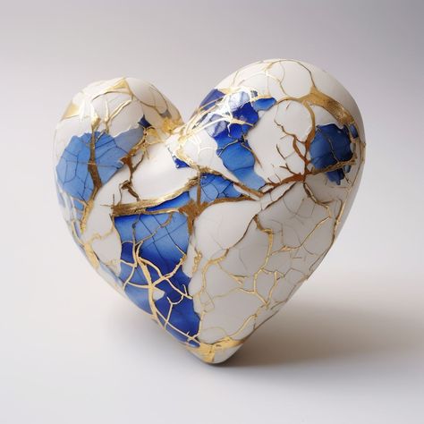 Broken heart, glued pieces, blue white and gold, ceramic aesthetic Kintsugi Aesthetic, Kintsugi Heart, Cracked Porcelain, Ceramic Aesthetic, Broken Porcelain, Kintsugi Art, Gold Ceramic, Ceramics Projects, Art Japonais