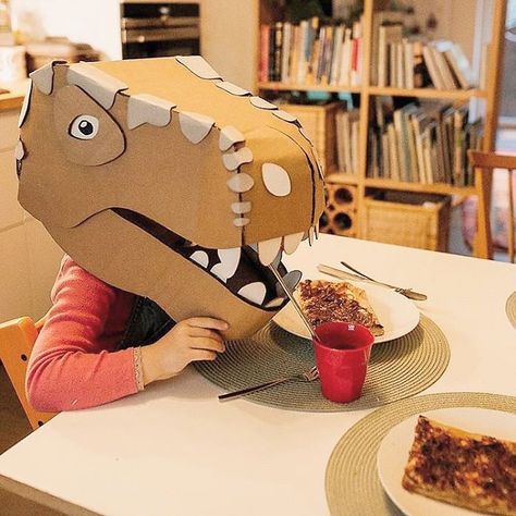 Dinosaur Head Cardboard Costume, Dino Costume, Dinosaur Mask, Dinosaur Head, The Mindy Project, Dinosaur Costume, Toy Art, Cardboard Art, Dino Party